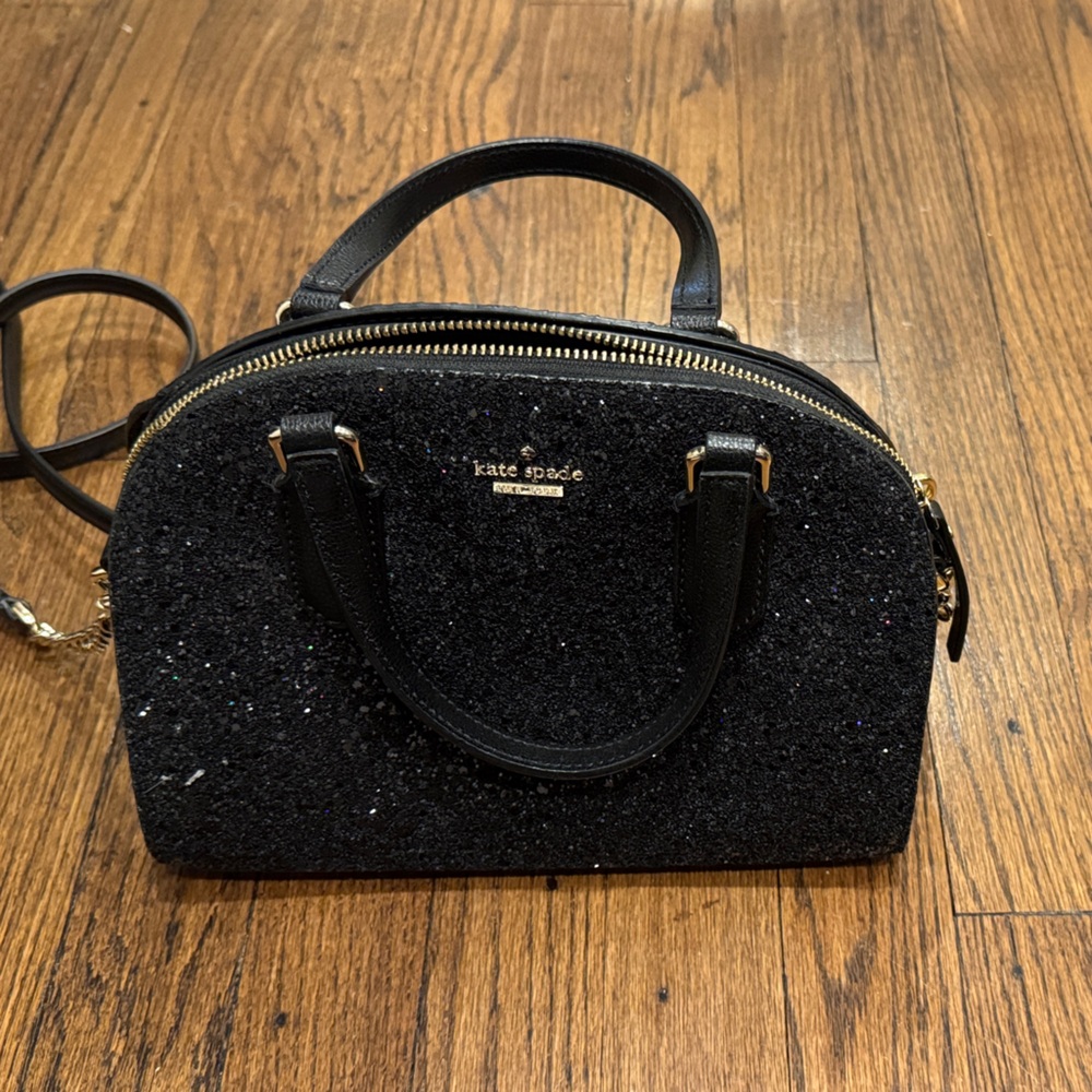 kate spade black glitter dome satchel with gold hardware and top handles